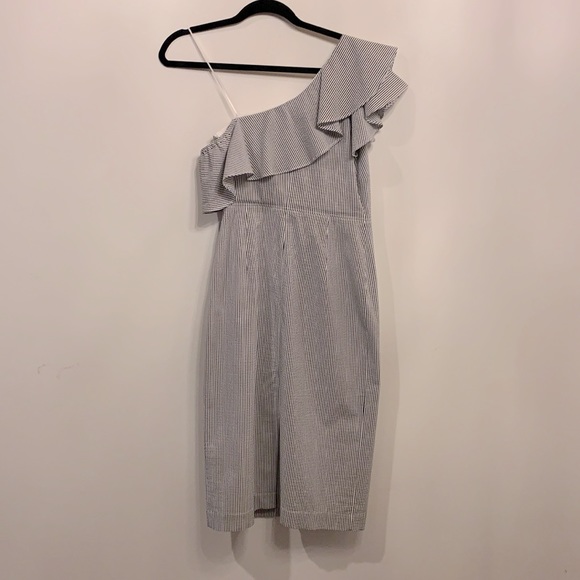 Banana Republic Size 2 Pinstripe One Shoulder Stretch Cotton Dress - Picture 6 of 14